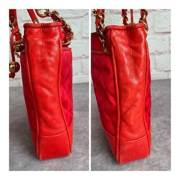 Chanel Red Satin Quilted Chain Shopper Tote Bag - Picture 3 of 16